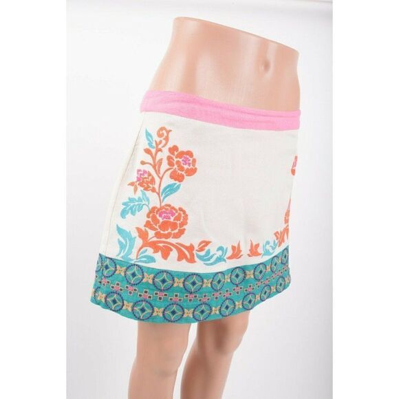 Champagne & Strawberry Mini Skirt Size M Floral White Pink Turquoise Embroidery - Picture 4 of 8